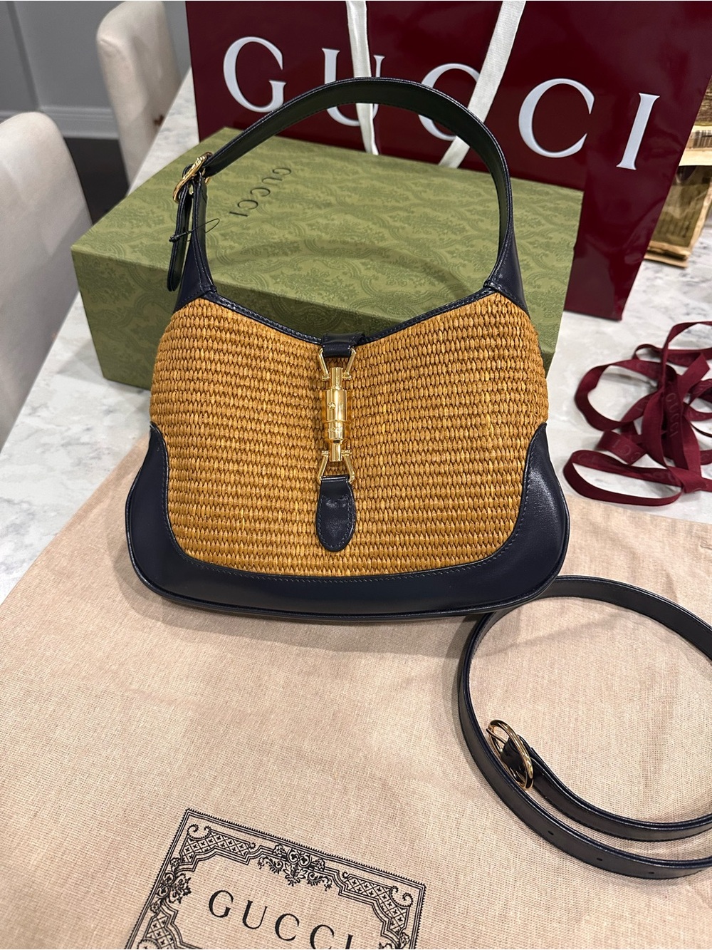 NWT Gucci Jackie 1961 Shoulder Bag Raffia and Navy Leather 100% Authentic- Small